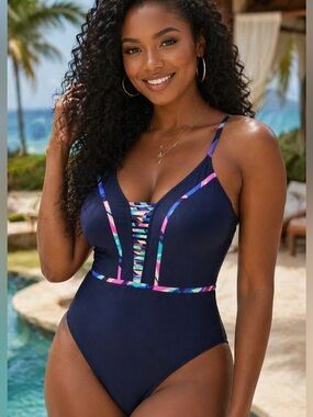 La Blanca Painted Leaves One Piece Swimsuit Lace Up Back Detail NWT Size 16W